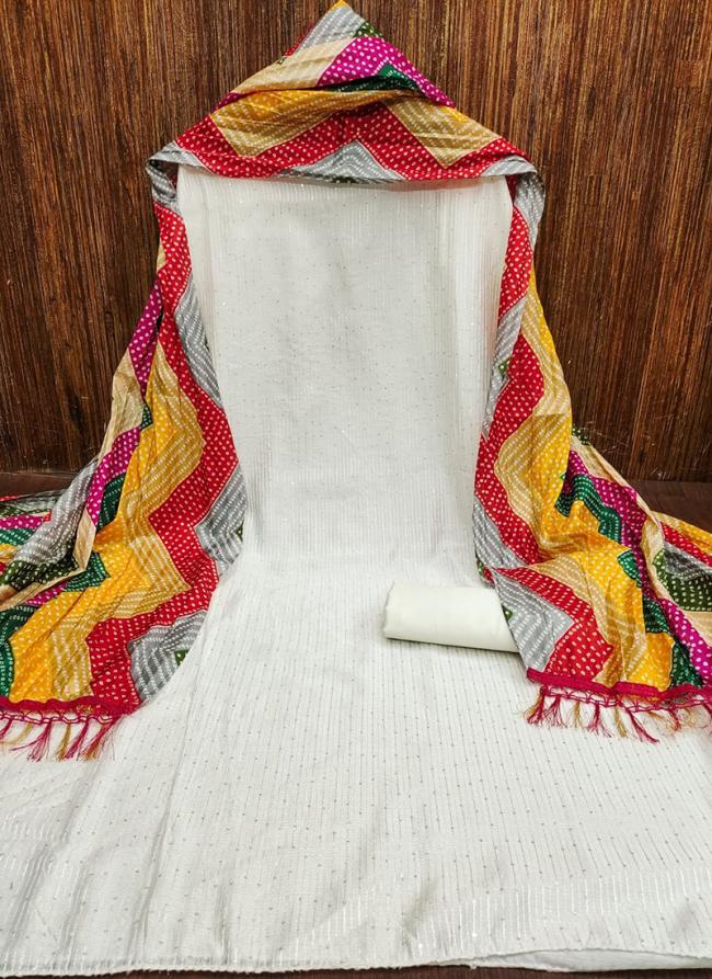 Chanderi White Yellow Traditional Wear Croset Work Dress Material
